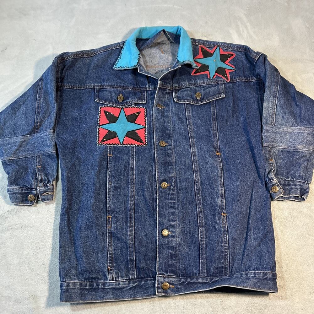 90s VTG Denim Chore Barn Jacket Womens 1X Sergio Valente Native Paint Type 3